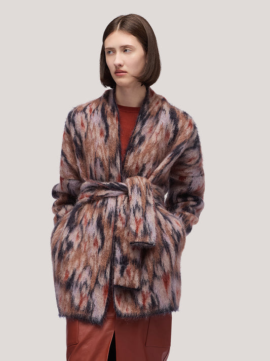 Maglia cardigan donna aperto con cintura, tasche, fantasia floreale pettinata - Maglia cardigan donna aperto con cintura, tasche, fantasia floreale pettinata alt - 002