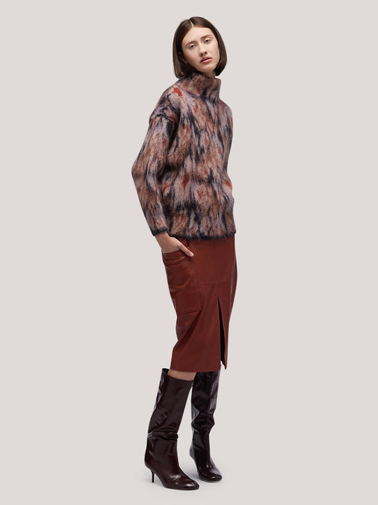 Maglia donna collo in piedi manica lunga, fantasia floreale pettinata blu /biscotto 250n23_fw255c_u01blu