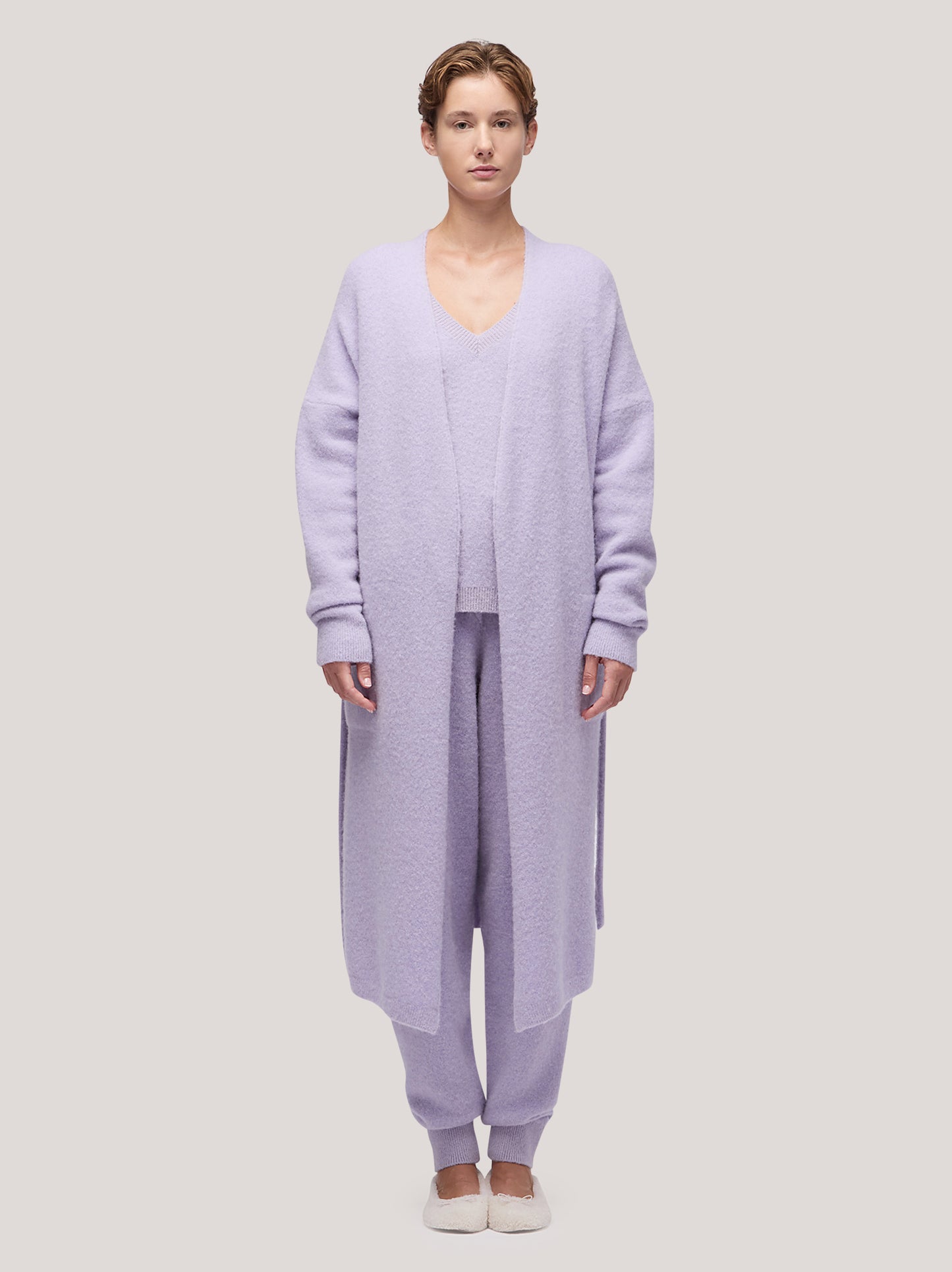 Long women's cardigan sweater with belt, hanaq lilac 250n88_fw254a_299lil 68147476529478