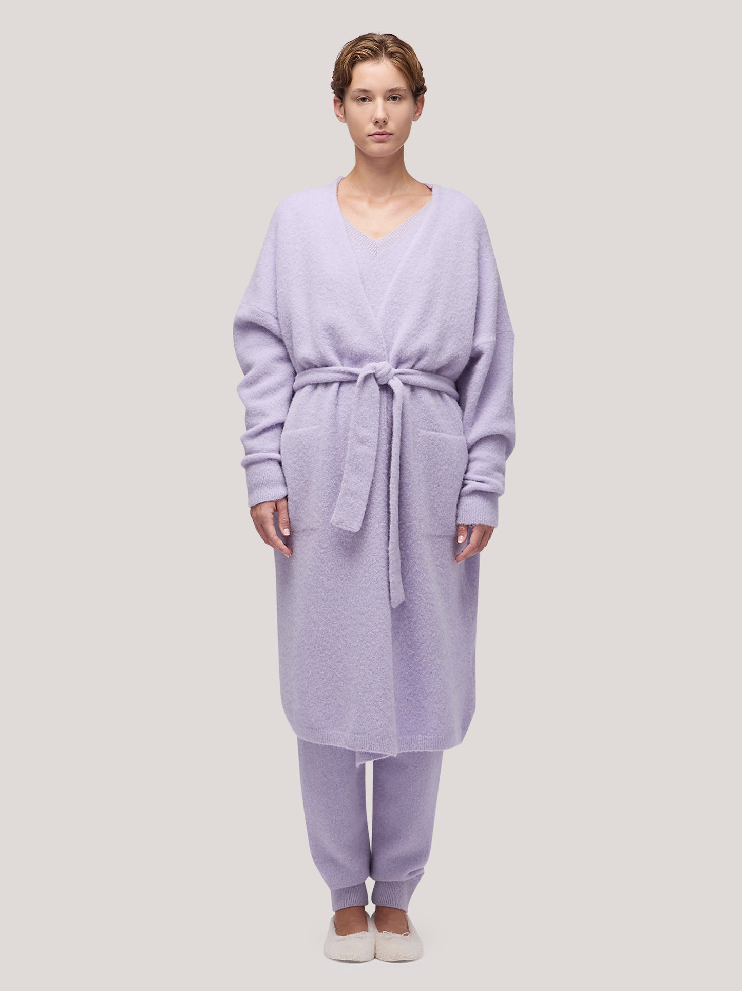 Long women's cardigan sweater with belt, hanaq lilac 250n88_fw254a_299lil 68147476562246