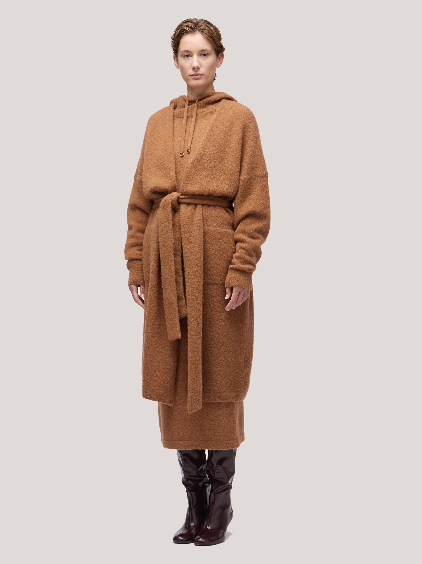 Long women's cardigan sweater with belt, hanaq tobacco 250n88_fw254a_426tab 68147467125062