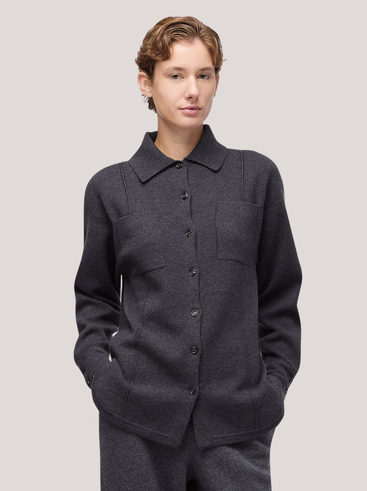 Maglia camicia domma manica lunga, punto milano, taschino - Maglia camicia domma manica lunga, punto milano, taschino alt - 002