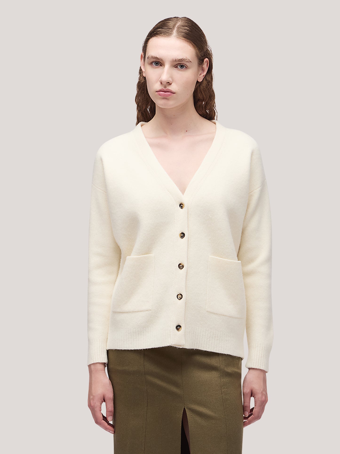 Maglia cardigan donna con tasche, manica lunga, punto milano white 250r13_fw25-7_690whi 68147199672646