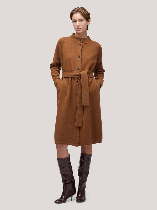 Maglia donna lunga scamiciata, tasche e cintura, punto milano - Maglia donna lunga scamiciata, tasche e cintura, punto milano alt - 002