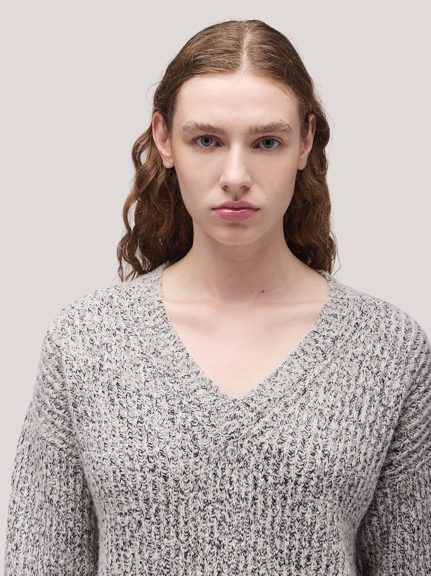 Women's long V-neck sweater, two-tone English rib white /black 250r90_fw259a_217bne 68146813337926