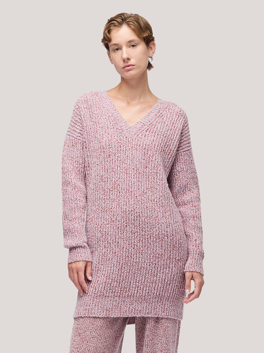 Maglia donna lunga scollo V, costa inglese bicolore - Maglia donna lunga scollo V, costa inglese bicolore alt - 002