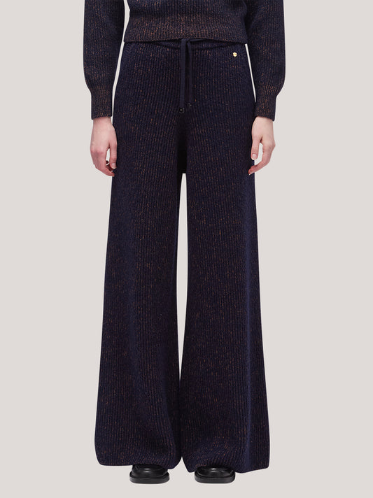 Pantaloni donna fondo ampio, lavorazione maglia inglese bicolore - Pantaloni donna fondo ampio, lavorazione maglia inglese bicolore alt - 002