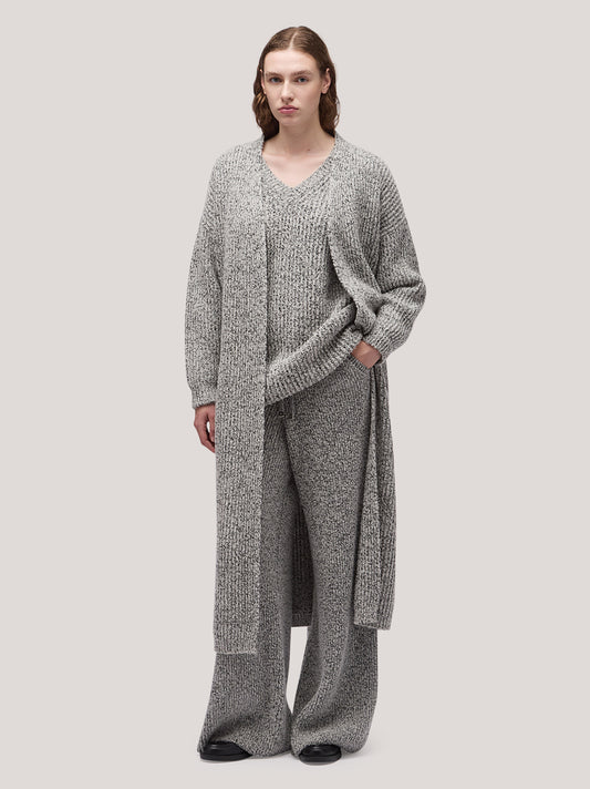 Maglia cardigan donna lungo aperto, cintura, costa inglese bicolore bianco /nero 250r94_fw259a_217bne
