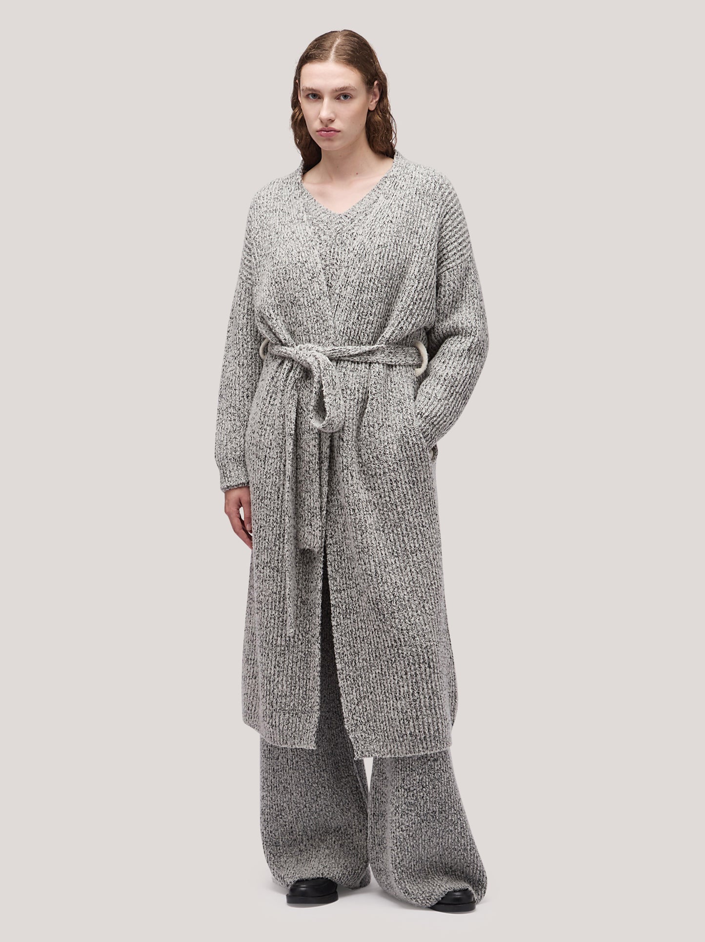 Women's long open cardigan sweater, belt, two-tone English rib white /black 250r94_fw259a_217bne 68146799116614