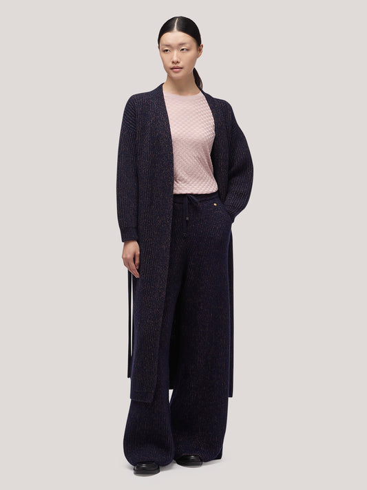 Maglia cardigan donna lungo aperto, cintura, costa inglese bicolore navy /caramel cafe 250r94_fw259a_u01nac