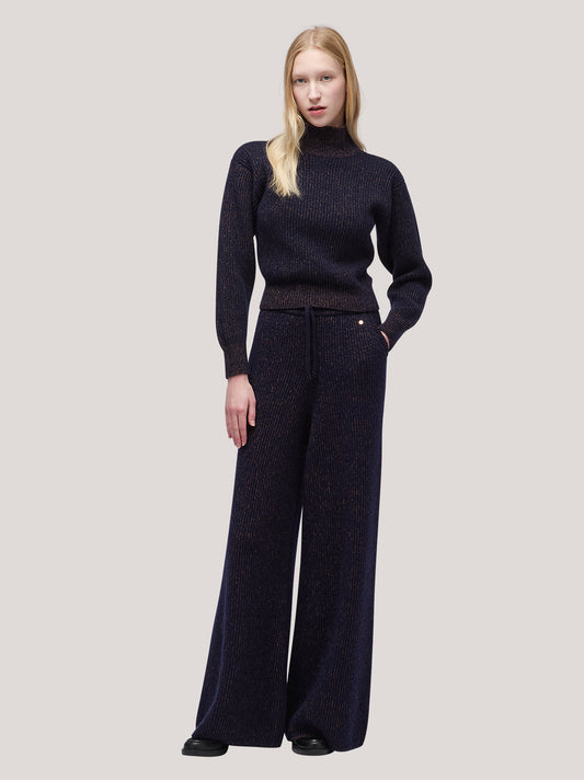 Women's long-sleeved turtleneck sweater, two-tone English rib blue / caramel cafe 250r95_fw259a_u01nac