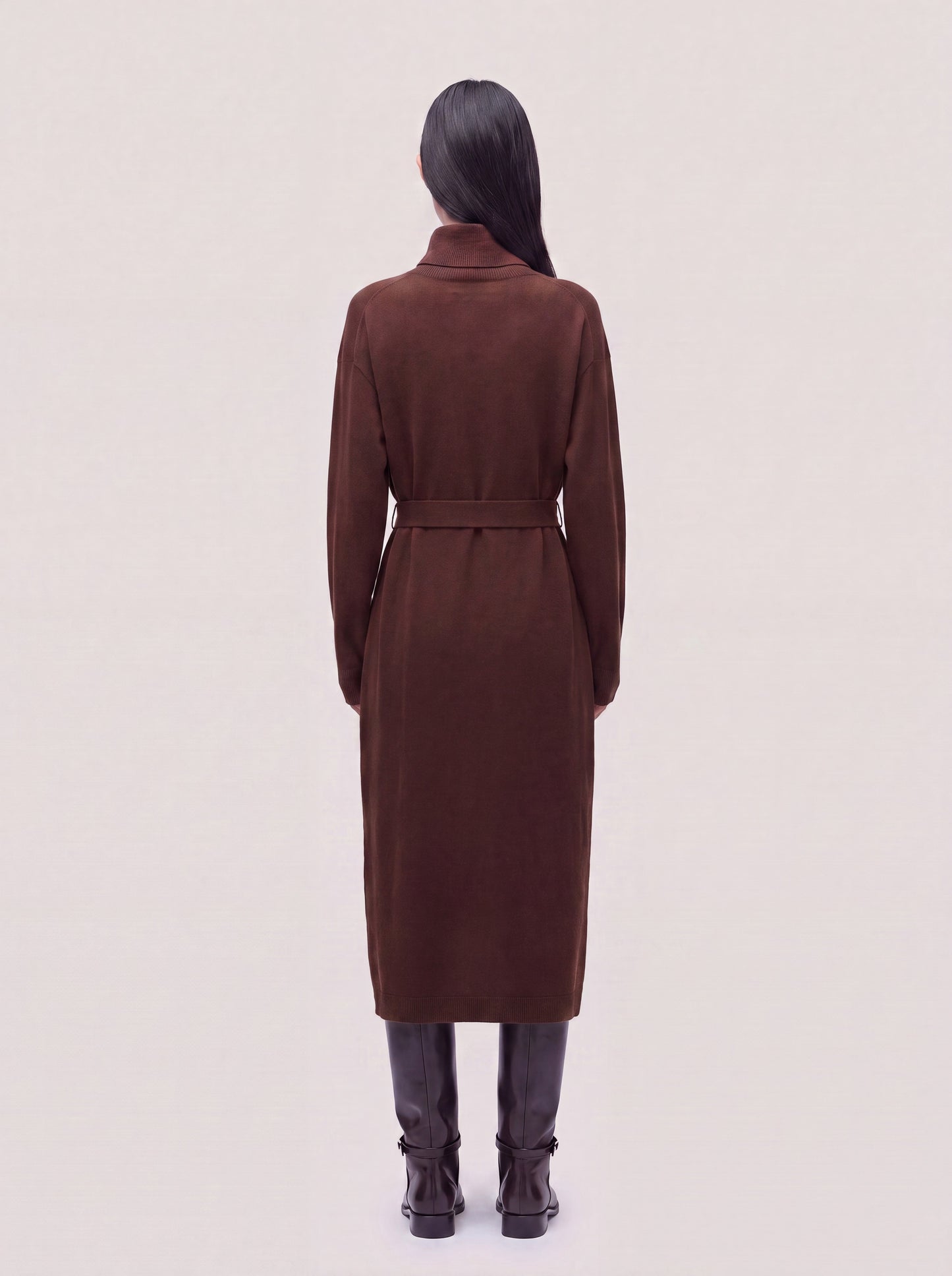 High-neck long-sleeved dress with belt in Essential Cashmere ground 260a47_fw26-3_a31ter 74706219696454