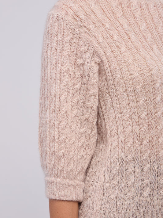 Soft mohair cable knit sweater with 3/4 sleeves - Soft mohair cable knit sweater with 3/4 sleeves alt - 002