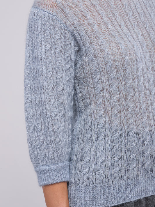 Soft mohair cable knit sweater with 3/4 sleeves - Soft mohair cable knit sweater with 3/4 sleeves alt - 002