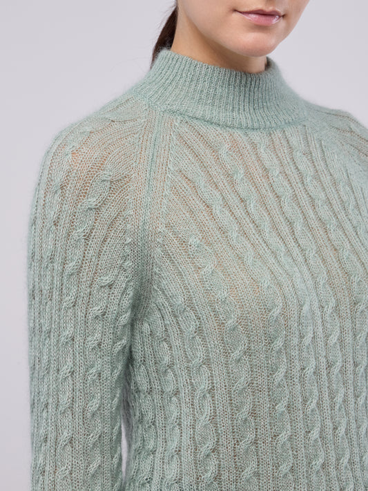 Soft mohair cable knit sweater with 3/4 sleeves - Soft mohair cable knit sweater with 3/4 sleeves alt - 002