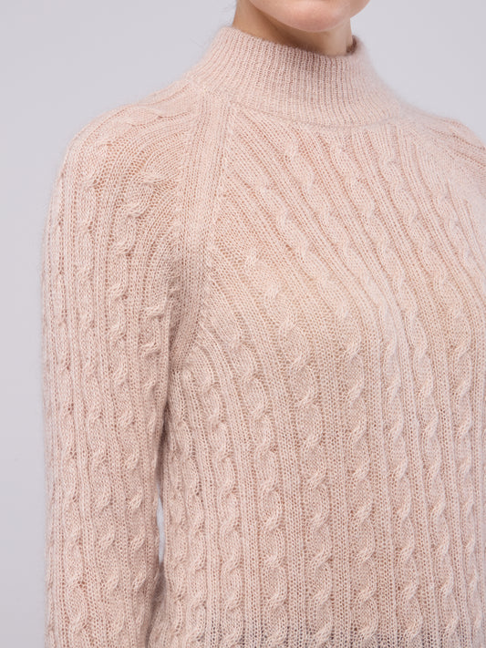Soft mohair cable knit mock neck with raglan sleeves - Soft mohair cable knit mock neck with raglan sleeves alt - 002