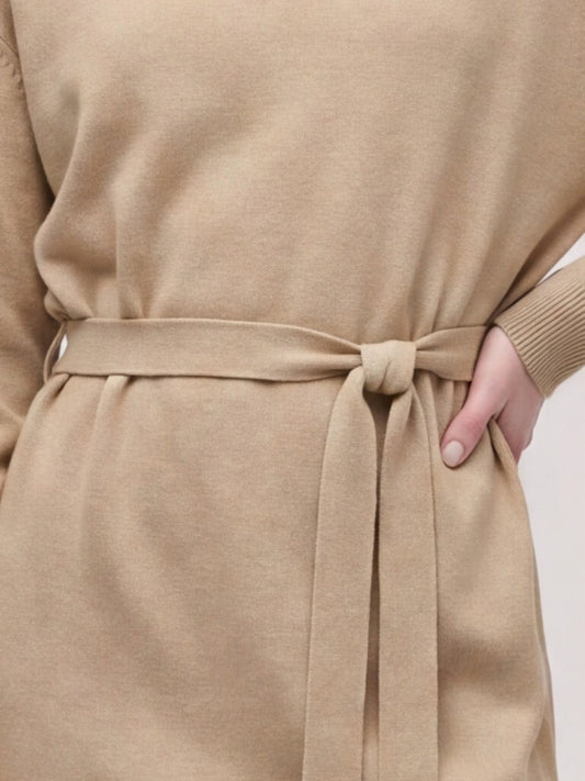 Abito collo alto manica lunga, cintura, Essential Lana Cashmere - Abito collo alto manica lunga, cintura, Essential Lana Cashmere alt - 002