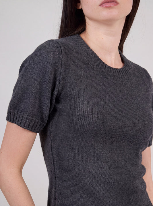 Maglia scollo tondo manica corta, bordi a costina - Maglia scollo tondo manica corta, bordi a costina alt - 002