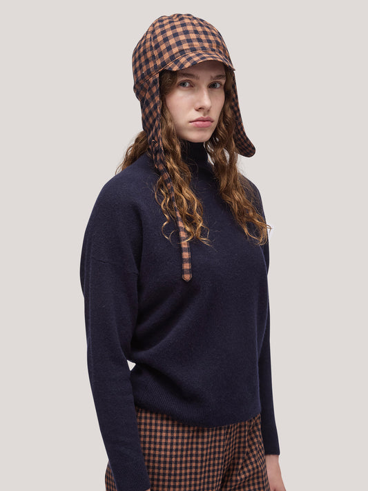 Cappellino a caschetto imbottito,reversibile con visiera in vichy singolo piccolo e grande navy/tabacco ac0005_f2512c_nt0001