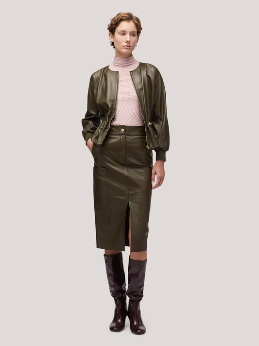 Giacca donna in pelle con coulisse in vita militare cpa073_f2515a_mi0001