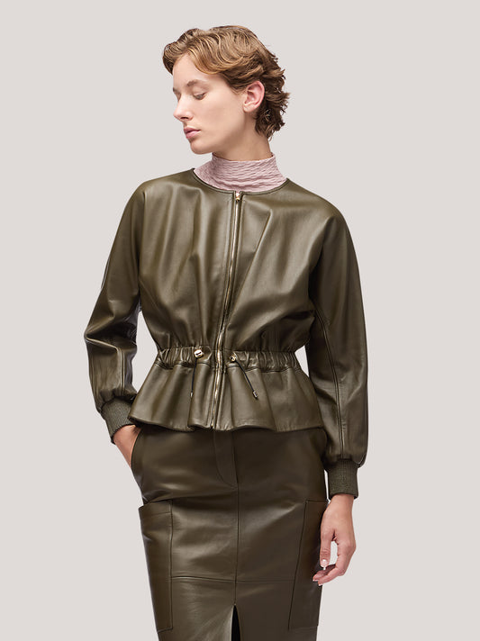 Giacca donna in pelle con coulisse in vita - Giacca donna in pelle con coulisse in vita alt - 002