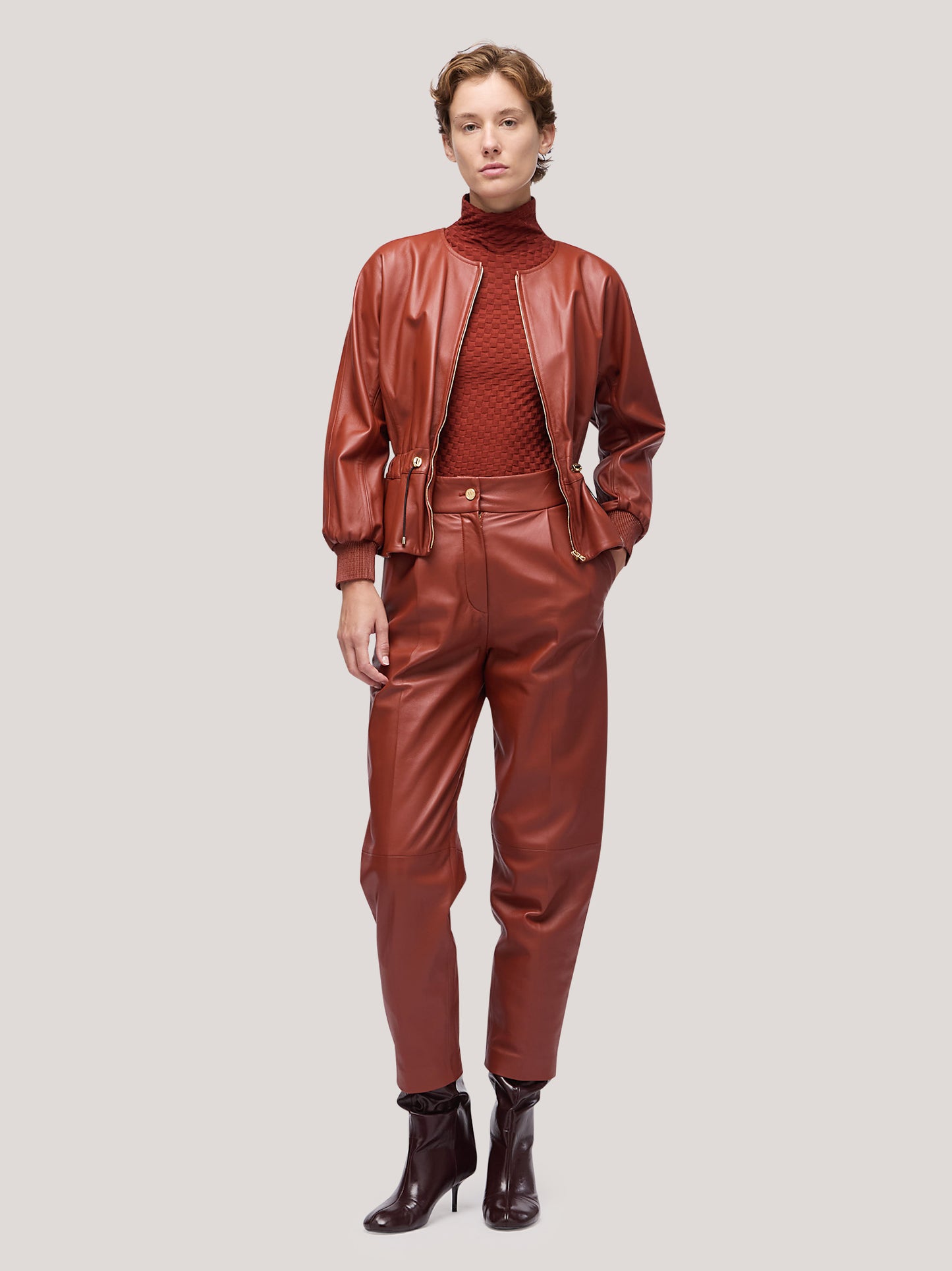 Giacca donna in pelle con coulisse in vita rame cpa073_f2515a_ra0001 68145828299078