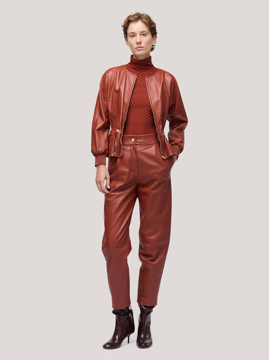 Giacca donna in pelle con coulisse in vita rame cpa073_f2515a_ra0001