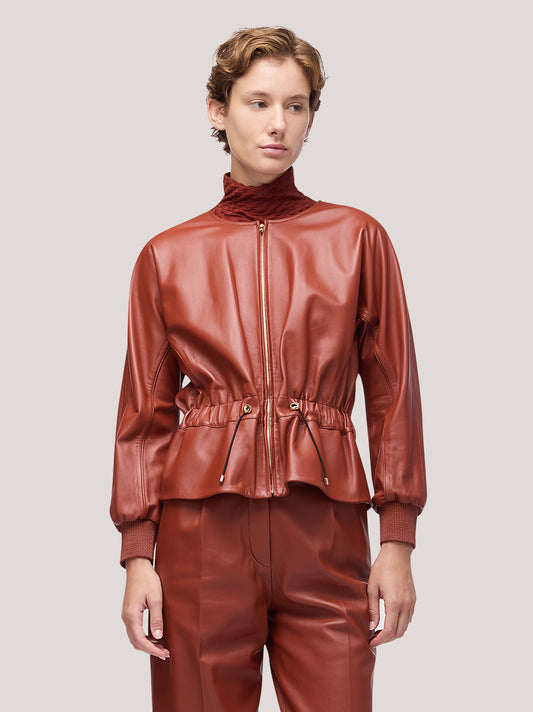 Giacca donna in pelle con coulisse in vita - Giacca donna in pelle con coulisse in vita alt - 002