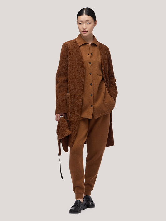Cappotto vestaglia donna in montone con tasconi e cintura tabacco cpa075_f2516a_ta0001