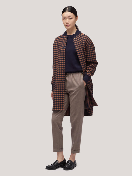 Cappotto donna reversibile con fondo stondato e bordi in maglia in vichy double nero/bianco cpa085_f2512a_bw0001