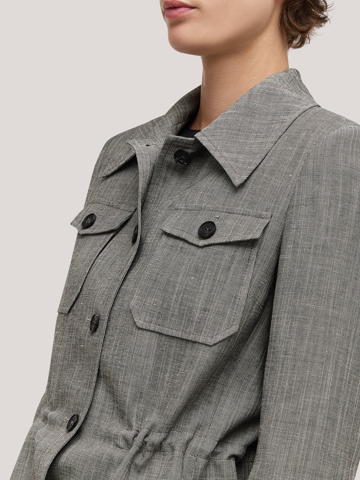 Long jacket with gathered waist in patterned linen melange gam051_s2611d_tmelan 71592284913990