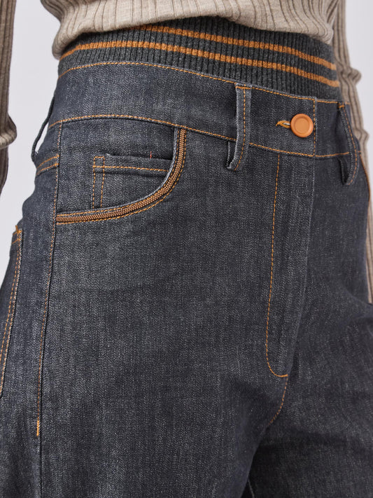 Women's denim trousers with double knitted belt - Women's denim trousers with double knitted belt alt - 002
