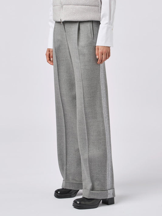 Women's flannel palazzo trousers with turn-ups and sequined band pearl pam146_f2411a_t00007