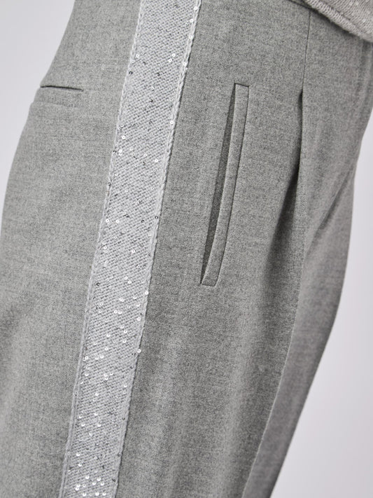 Women's flannel palazzo trousers with turn-ups and sequined band - Women's flannel palazzo trousers with turn-ups and sequined band alt - 002