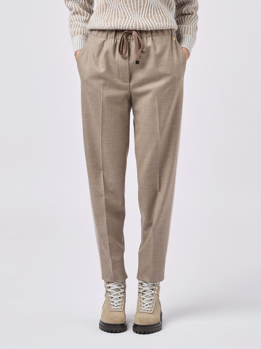 Women's flannel trousers with drawstring and lurex knit cuff band taupe pam149_f2411a_t00011