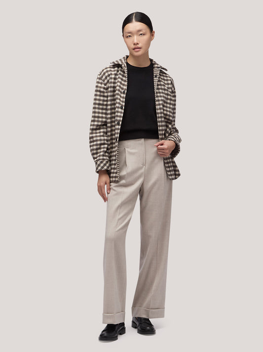 Pantalone donna in flanella a palazzo con risvolto gesso pam184_f2519a_ges001