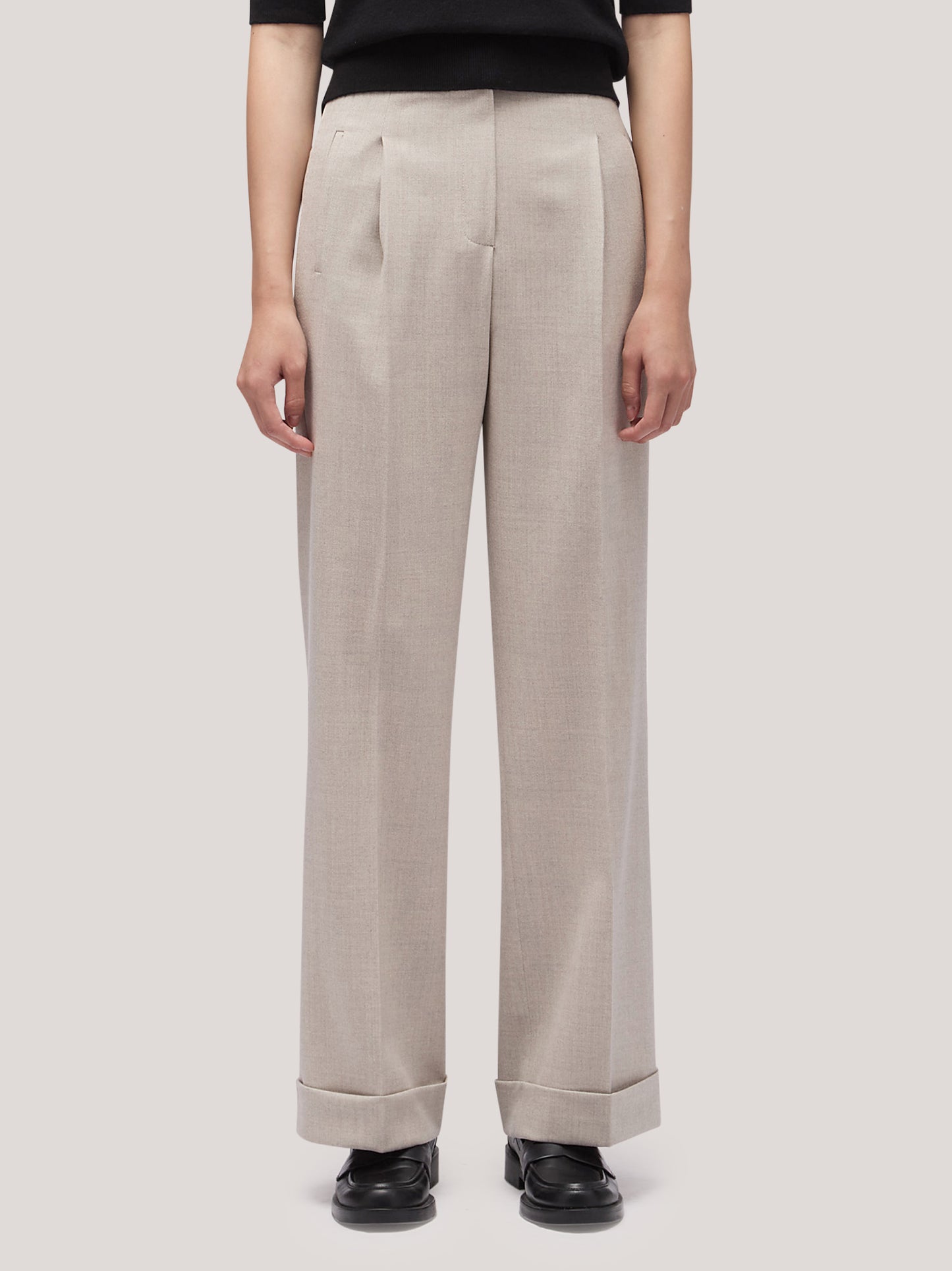 Pantalone donna in flanella a palazzo con risvolto gesso pam184_f2519a_ges001 68145260200262