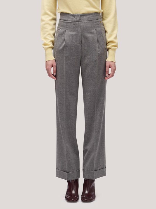 Pantalone donna in flanella a palazzo con risvolto - Pantalone donna in flanella a palazzo con risvolto alt - 002