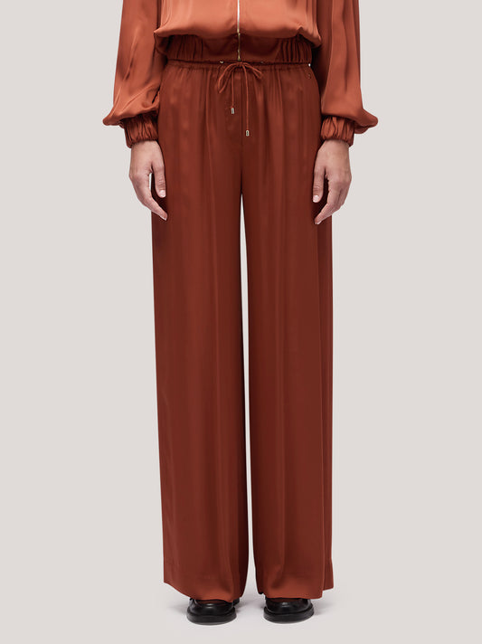 Pantalone donna a palazzo e coulisse in vita effetto satin - Pantalone donna a palazzo e coulisse in vita effetto satin alt - 002