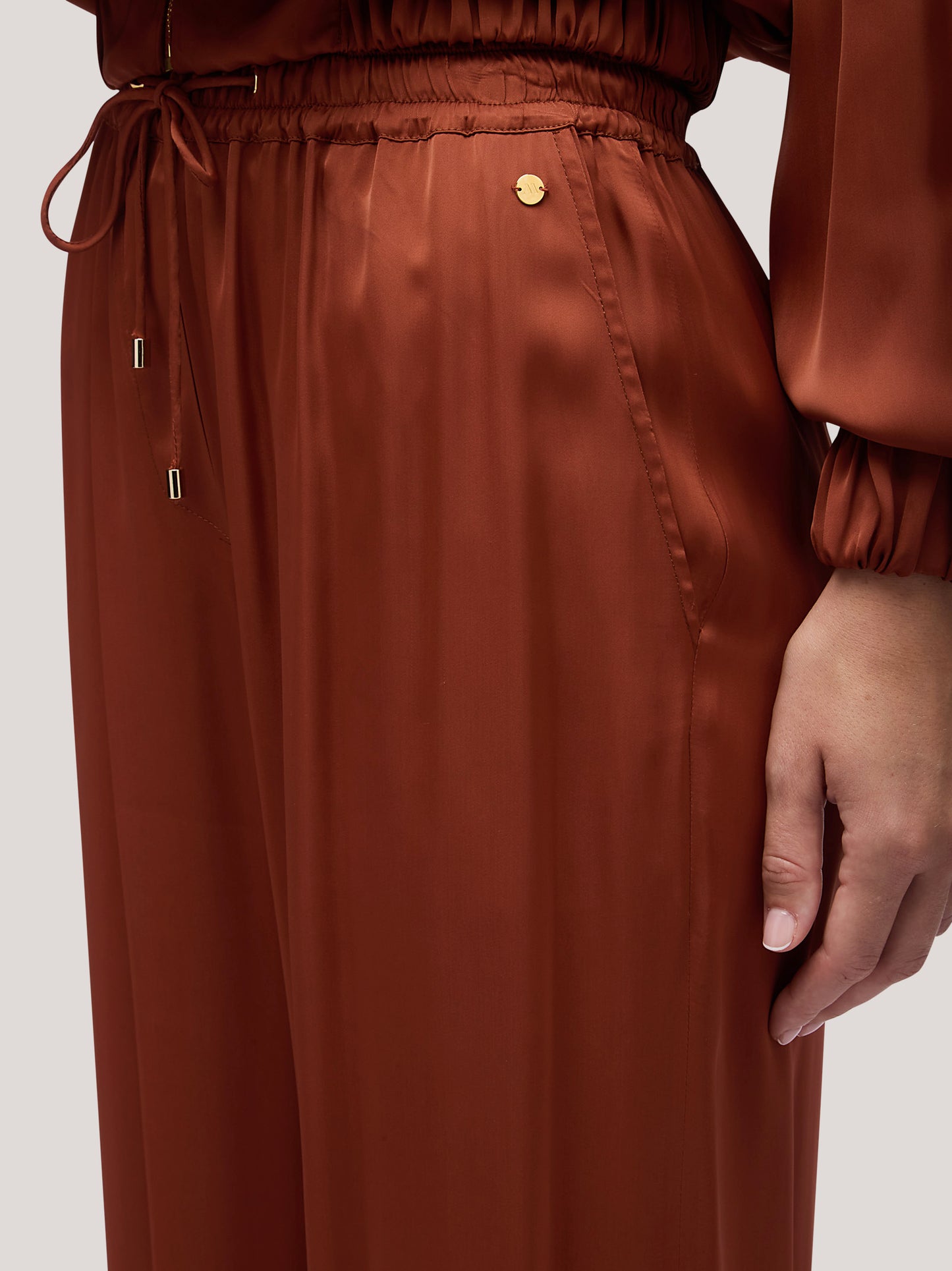 Pantalone donna a palazzo e coulisse in vita effetto satin rame pam191_f2514a_ra0001 68145056186694