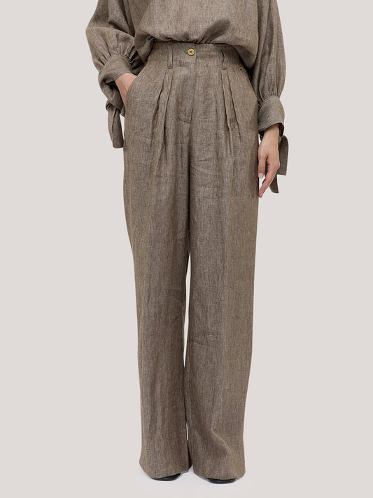 Pantalone ampio con pences in puro lino - Pantalone ampio con pences in puro lino alt - 002