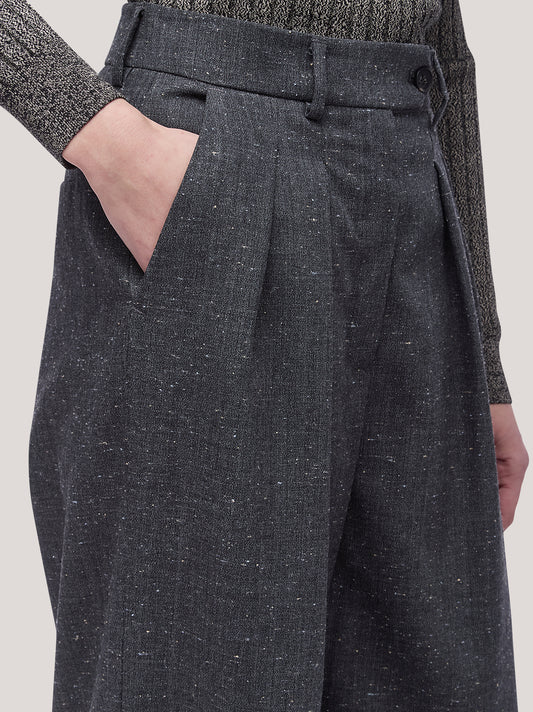 Pleated palazzo trousers in flecked fabric - Pleated palazzo trousers in flecked fabric alt - 002