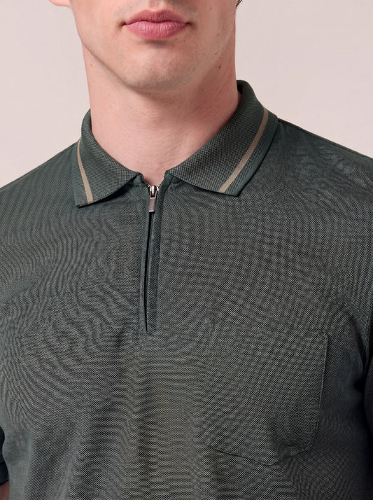 Oxford polo shirt with knit collar, short sleeves, and half-zip closure - Oxford polo shirt with knit collar, short sleeves, and half-zip closure alt - 002