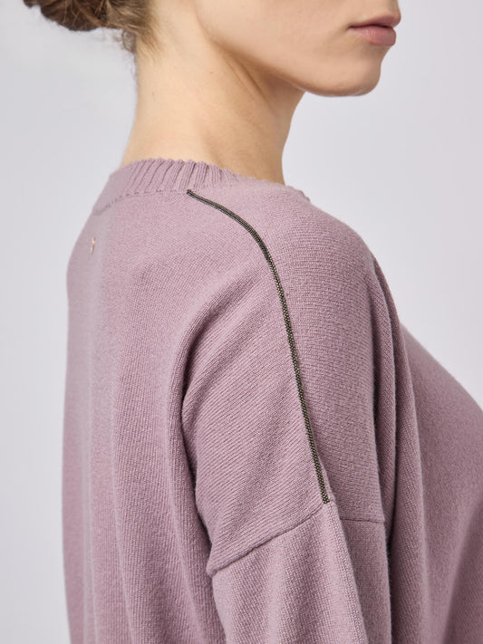 Maglia girocollo in puro cashmere con dettaglio catenella - Maglia girocollo in puro cashmere con dettaglio catenella alt - 002
