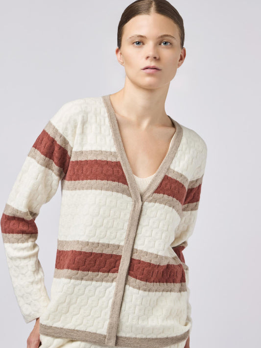Cardigan in puro cashmere con poussoir manica lunga, lavorazione goffrata con bande orizzontali bianco 240a77_fw241a_217217