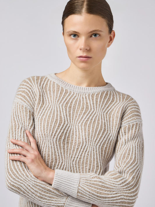 Maglia girocollo donna con pattern ondulato paillettes nuage /cremino 240e00_fw24-9_e73e73