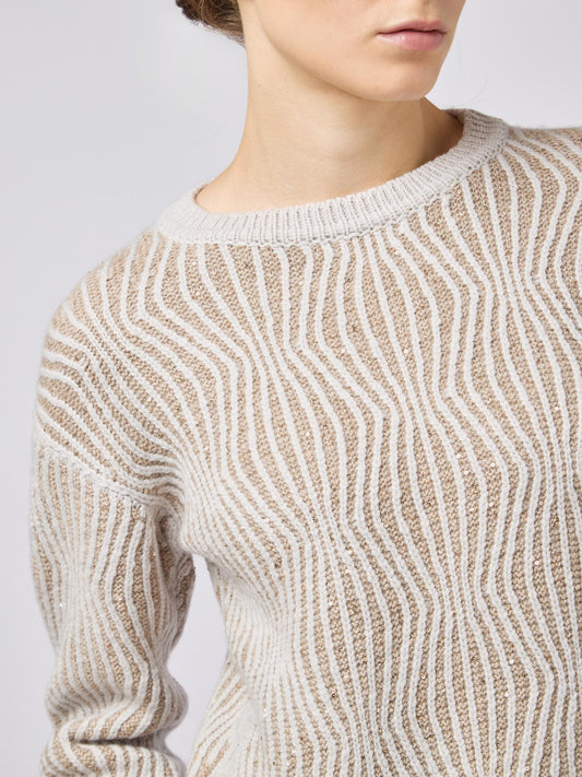 Maglia girocollo donna con pattern ondulato paillettes - Maglia girocollo donna con pattern ondulato paillettes alt - 002