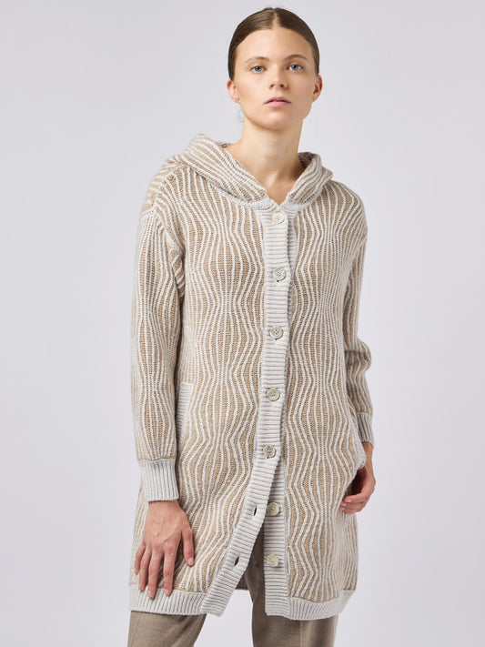 Cardigan donna con cappuccio e tasche, pattern ondulato e paillettes nuage /cremino 240e02_fw24-9_e73e73
