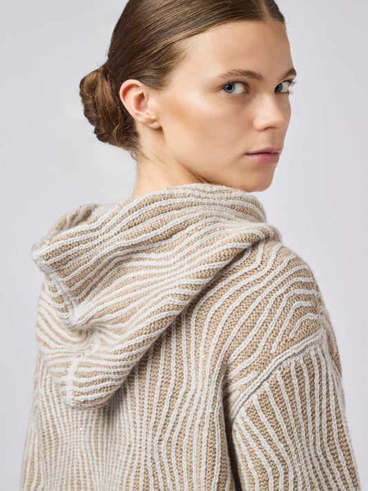 Cardigan donna con cappuccio e tasche, pattern ondulato e paillettes - Cardigan donna con cappuccio e tasche, pattern ondulato e paillettes alt - 002