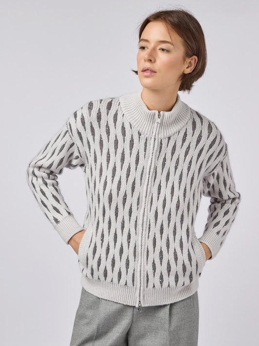Maglia donna zip concollo lupetto e treccia con paillettes nuage /acciaio 240e23_fw249c_e73e73